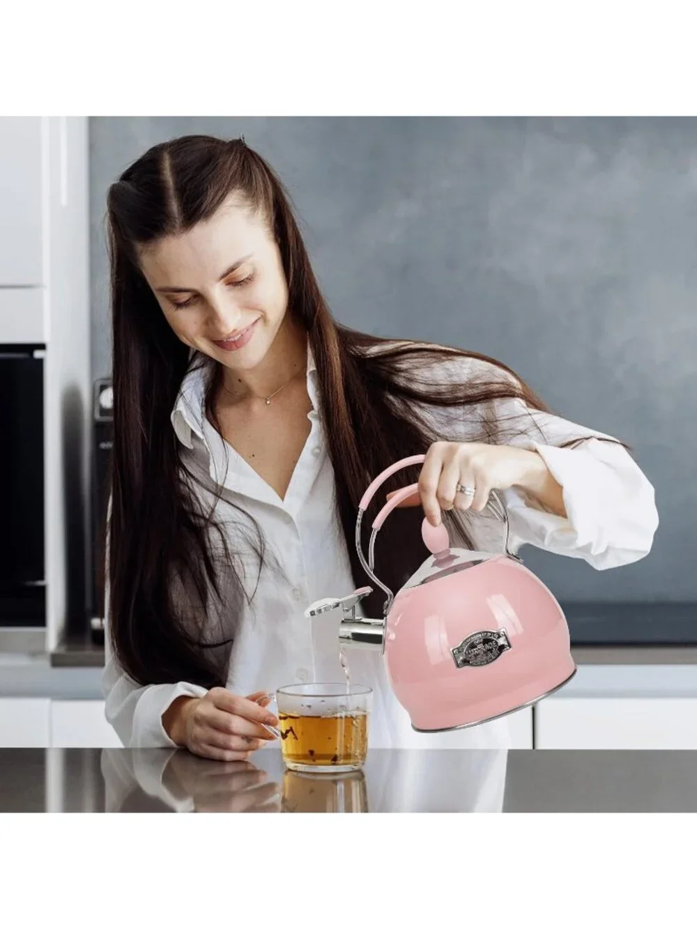 Pink Whistling Stainless Steel Kitchen Tea Kettles 2.6 Quart Stovetop Induction